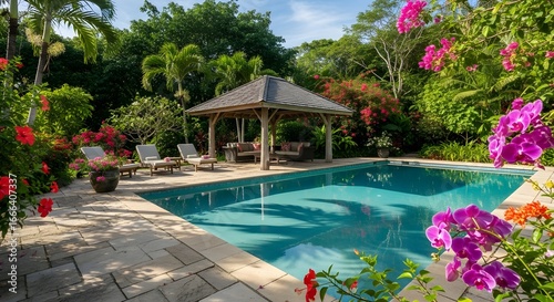 Tropical Paradise Poolside Gazebo with Lush Gardens and Orchids