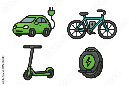 Electric transport icons vector set. Eco friendly urban mobility concept. Green energy transportation collection. Sustainable commute symbols for clean power. E-car, e-bike, scooter.