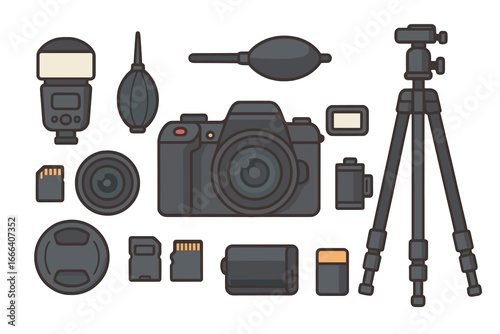Photography gear flat lay. Vector illustration of professional photographer or blogger equipment. Camera, lens, tripod, flash, memory card and battery essentials set.