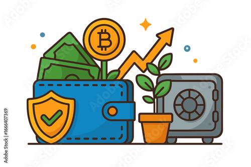 Cryptocurrency wallet and secure storage concept. Bitcoin investment growth and safety in digital finance. Vector illustration of crypto money, safe, shield and profit arrow.