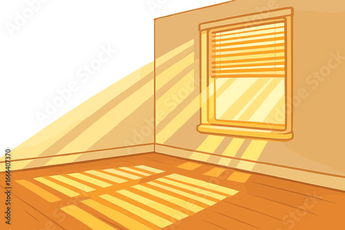 Sunlight through window blinds casts striped shadows on a wood floor. Bright, empty room interior concept. Morning sunbeam light pattern. Home decor background. Vector cartoon.