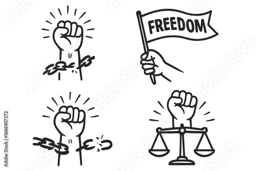Freedom and justice icon set. Raised fist breaking chains. Protest symbol. Hand holding flag. Fight for rights, liberty, equality. Revolution, activism, resistance vector.
