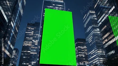 Green screen billboard at night in cityscape building architecture