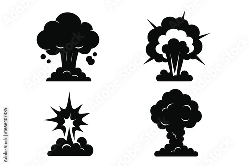 Set of black explosion and bomb blast symbols. Cartoon smoke cloud and puff effects. Vector icons for comic book boom or bang. Silhouette graphics of atomic nuclear blast.