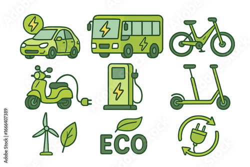 Eco friendly transport icon set. Electric vehicle, car, bus, scooter, and bike for sustainable urban mobility. Green energy and EV charging station vector illustration.