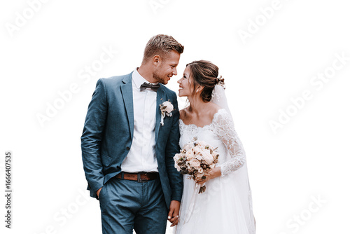 Happy Bride and Groom Looking at Each Other - Isolated on White Transparent Background