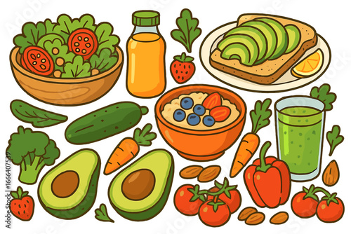Healthy food collection for diet and nutrition. Vector cartoon set of organic meal, salad, avocado toast, smoothie, fresh vegetables, fruits. Wellness, clean eating concept.