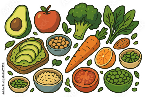 Healthy plant-based food set. Vegan diet ingredients for a modern lifestyle. Vector cartoon illustration of avocado toast, fruits, vegetables, legumes, nuts. Organic meal concept.