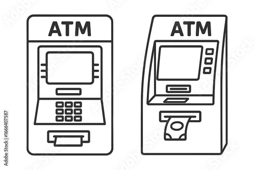 Two distinct styles of automated teller machines ATM line art illustrations, simple black and white vector cartoon designs with keypad and cash slot, banking technology concept set