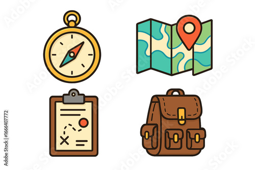 Travel icons set for adventure and exploration. Vector collection with compass, map, location pin, and backpack. Concept for navigation, journey planning, hiking, and tourism.