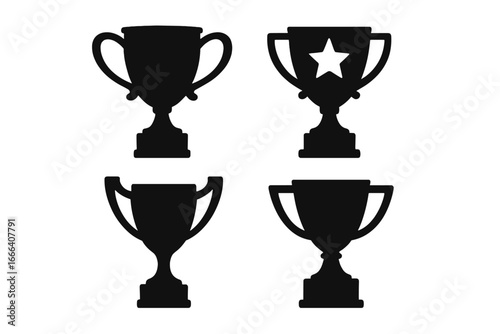 Trophy cup silhouette icon set for winner. Symbol of victory, success, achievement. Award prize for champion. First place in competition. Leadership concept. Vector illustration.