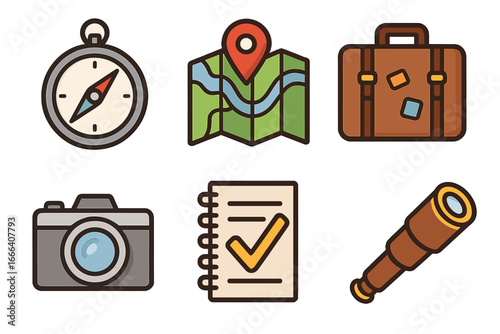 Travel icons for navigation, planning, adventure. Modern line art set for explorers and travelers. Vector symbols of compass, map, suitcase, camera, checklist, spyglass for tourism.
