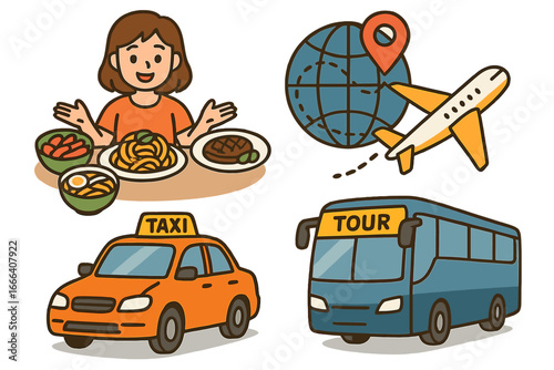Travel and food icon set. Culinary tourism adventure concept with a woman eating, world globe, airplane, taxi, and tour bus. Vector cartoon illustration collection.