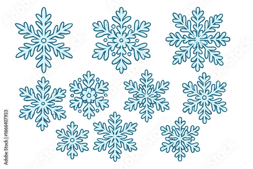 Intricate vector cartoon snowflake designs set, unique winter shapes and patterns for seasonal decorations, Christmas crafts, cold weather, frozen themed backgrounds, isolated on transparent PNG