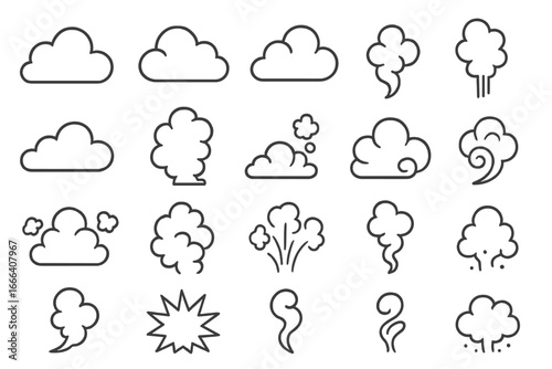 Diverse cloud and smoke vector icons set. Simple line art style for digital graphics and illustrations. Collection of cartoon weather and vapor symbols for web, print, and transparent backgrounds.