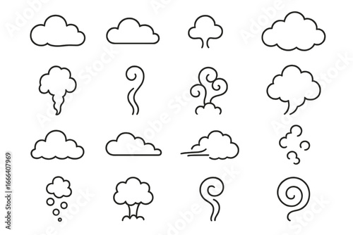 Cloud and smoke vector icons set. Line art style weather symbols. Cartoon fluffy clouds, steam, vapor, wind, puff, swirl, mist, fog, exhaust, abstract air elements illustration for graphic design