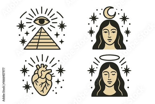 Esoteric mystical symbols set. All seeing eye pyramid, angel, goddess with moon, anatomical heart. Magic sacred geometry logo. Spiritual boho tattoo vector illustration icons.