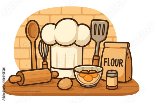Cooking and baking concept with chef hat, kitchen utensils and ingredients. Rolling pin, whisk, spatula, flour and eggs for a recipe. Cartoon vector for bakery or patisserie.