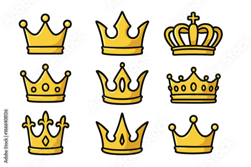 Gold crown collection vector illustration set. Royal king, queen, prince symbol. Golden heraldic luxury icons for logo design. Monarchy power concept. Cartoon graphic elements.