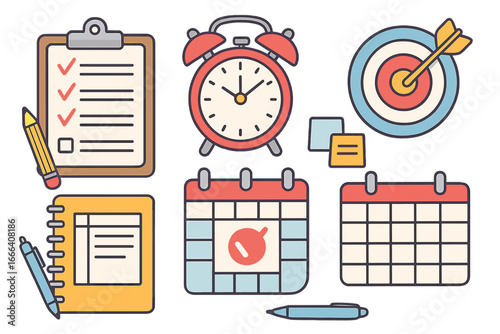 Time management and productivity icons set. Planning, organization, schedule, and goal setting concept. Office stationery for workflow optimization. Vector cartoon illustration.