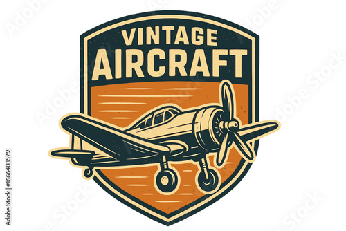 Vintage aircraft emblem with propeller plane. Retro aviation logo on a shield. Classic flight patch design for pilot or air force. Old military airshow badge vector illustration.
