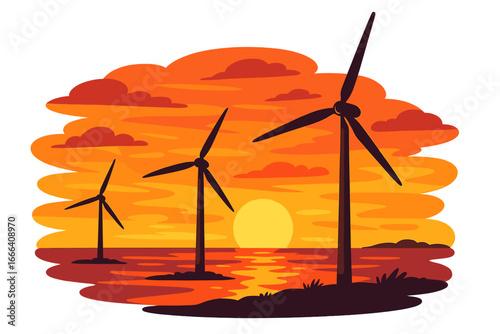 Wind turbines generating clean energy at sunset. Offshore wind farm silhouette on the sea. Concept of renewable power, sustainability, ecology and alternative energy. Vector illustration.