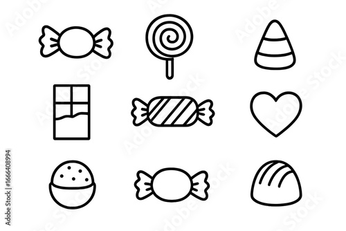 Candy and Chocolate Vector Icon Set. Line Art Sweets Collection. Minimalist Cartoon Illustration. Lollipop, Truffle, Chocolate Bar, Candy Corn, Heart, Bonbon, Blank Background, Graphic Resources