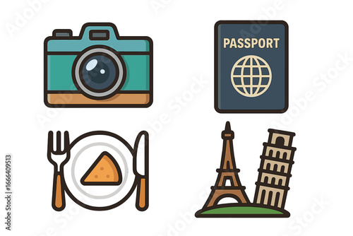 Travel essentials icon collection. Vector cartoon illustration of tourism symbols: photo camera, passport document, food plate, and famous European landmarks of Paris and Pisa.