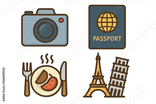 Travel icon collection with famous landmarks. Vacation essentials including camera, passport and food. Tourism concept with Eiffel tower and Pisa tower. Flat vector illustration.