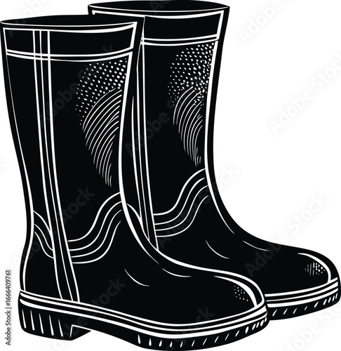 Pair black rubber boots vector illustration. silhouette rubber boots on white background.