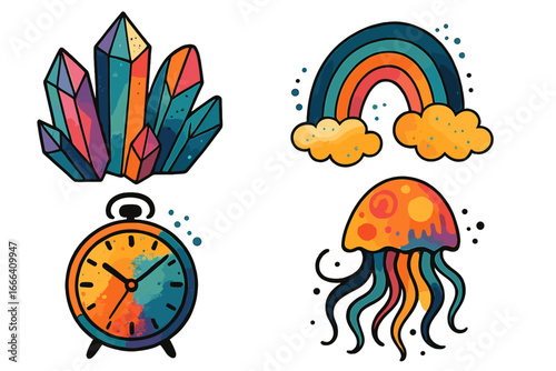 Vector set of colorful abstract icons. Crystal, rainbow, clock, and jellyfish illustrations. Psychedelic cartoon sticker pack with watercolor texture for creative design.