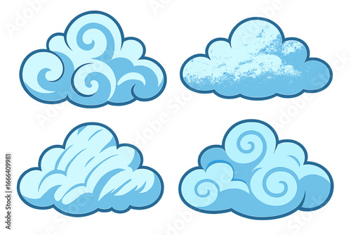Set of blue cartoon clouds. Vector graphic illustration collection with different textures and swirls. Weather forecast symbol, sky element for design. Isolated abstract icons.