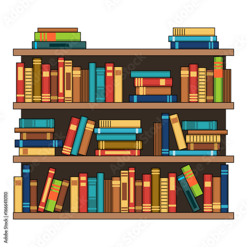 Bookshelf vector illustration with colorful books. Academic and educational library design on transparent background