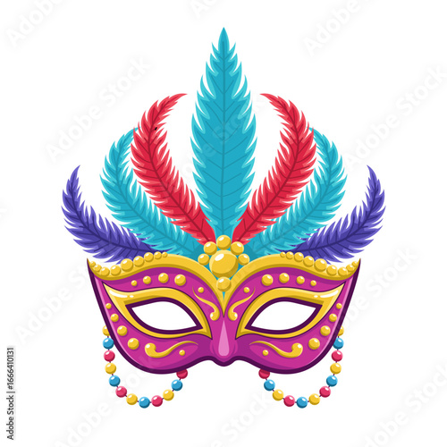 Rio Carnival mask vector illustration. Brazilian cultural accessory with colorful feathers isolated design on transparent background