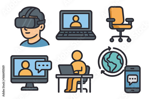 Remote work icon set. Business technology, freelance, and telecommuting concepts. Home office, virtual reality, online meeting, and digital communication vector line icons.