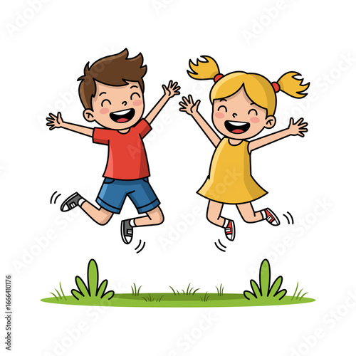 Two children jumping in the air with happiness. Happy people vector illustration