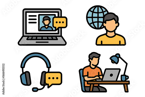 Remote work icon set. Home office, freelance and telecommuting concept. Vector icons for online business, virtual meeting, webinar, and global communication. E-learning.