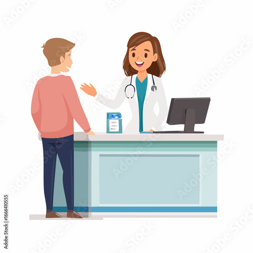 Female doctor consulting with male patient at clinic reception desk, offering medical advice and support in a friendly and professional atmosphere.