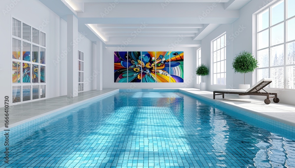 Vibrant abstract multi-panel wall art displayed in a luxury indoor swimming pool room with bright natural light and modern minimalist decor – AI Generated Digital Art