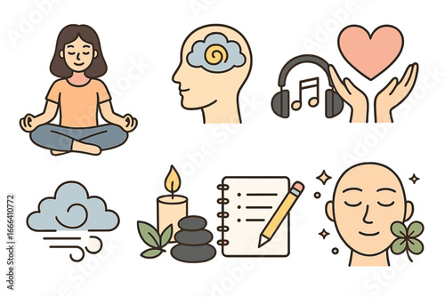 Mental health and self care icons. Mindfulness and relaxation techniques for stress relief. Vector illustration of meditation, yoga, breathing, journaling, psychology concept.