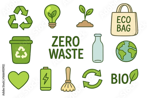 Eco-friendly icon set for zero waste and sustainability. Vector collection of recycling, green energy, bio, and reusable product symbols. Go green lifestyle concept illustration.