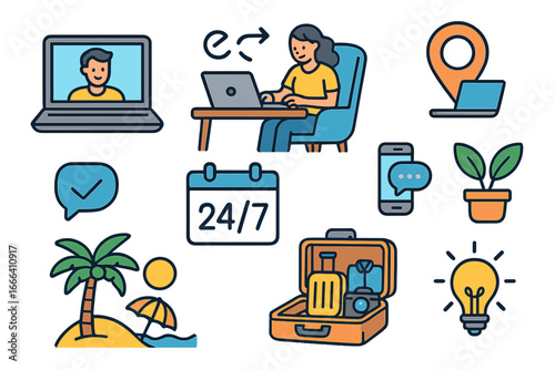 Remote work icon set for digital nomad lifestyle. Freelance tools for work from home concept. Laptop, travel, communication. Online productivity, flexibility, virtual meeting.