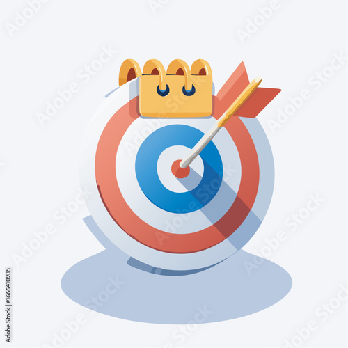 Arrow hitting bullseye on target board with calendar showing deadline, representing achievement of goals and time management in business, with a focused theme.