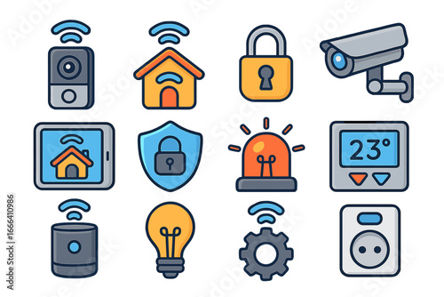 Smart home technology icon set. Internet of things (IoT) vector collection. Home automation system, security control concept. Wireless smart device symbols for app and web design.