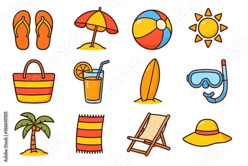 Colorful summer beach icon collection. Vector set of vacation essentials for relaxation and fun, including surfboard, palm tree, sun, beach ball, drink, and umbrella.