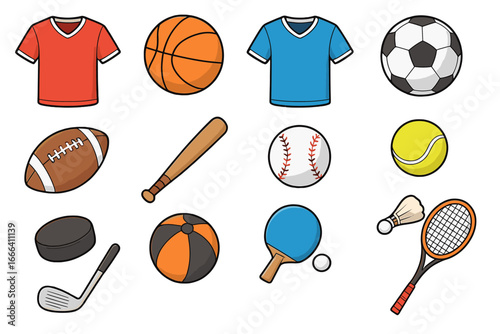 Sport equipment icon set. Collection of various game items. Vector cartoon illustration for basketball, soccer, football, baseball, hockey, tennis, golf, and badminton.