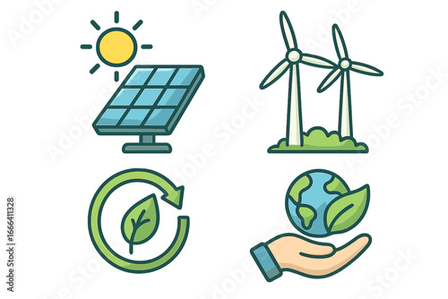 Renewable energy vector icons with solar panels, wind turbines, eco-friendly recycling symbols, green earth care, sustainable environment, clean power, alternative energy cartoon illustration