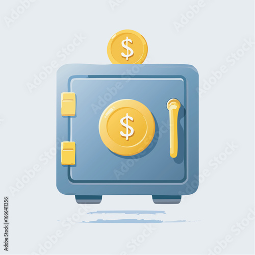 Blue safe protecting golden coin on white surface symbolizing financial security and savings with a clean, modern aesthetic.