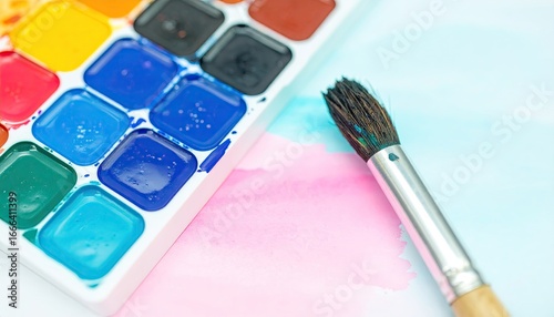 Vibrant Watercolor Palette with Wet Paintbrush
