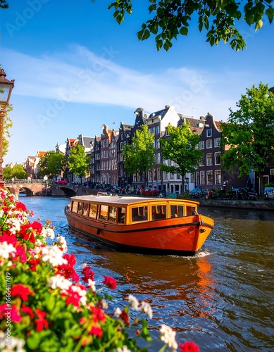 Amsterdam Canal Tour Boat on Sunny Day with Flowers.